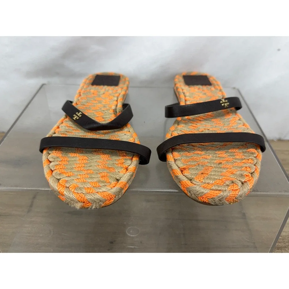 Tory‎ Burch Women Orange Tan Woven Rope Espadrille Sandals Brown Leather 9.5